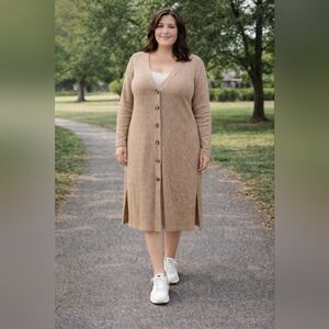 Addition Elle Ribbed Sweater Dress Stretchy Button Front Side Slits Neutral